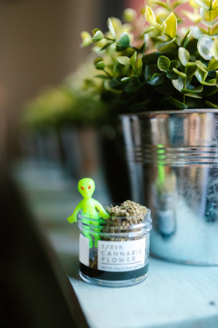 A fun alien figurine next to cannabis in a metal container surrounded by plants.